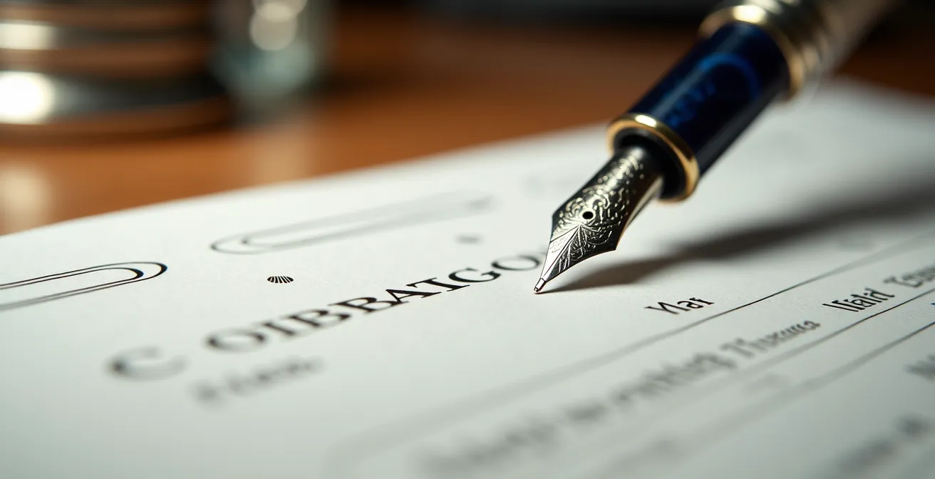 Detailaufnahme eines Vertragsabschlusses mit Fokus auf Unterschrift, die die Wichtigkeit juristischer Klauseln symbolisiert