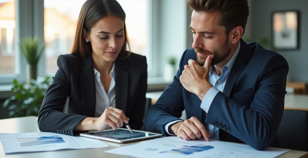 Zwei Finanzverantwortliche prüfen gemeinsam Dokumente in einem Schweizer Büro