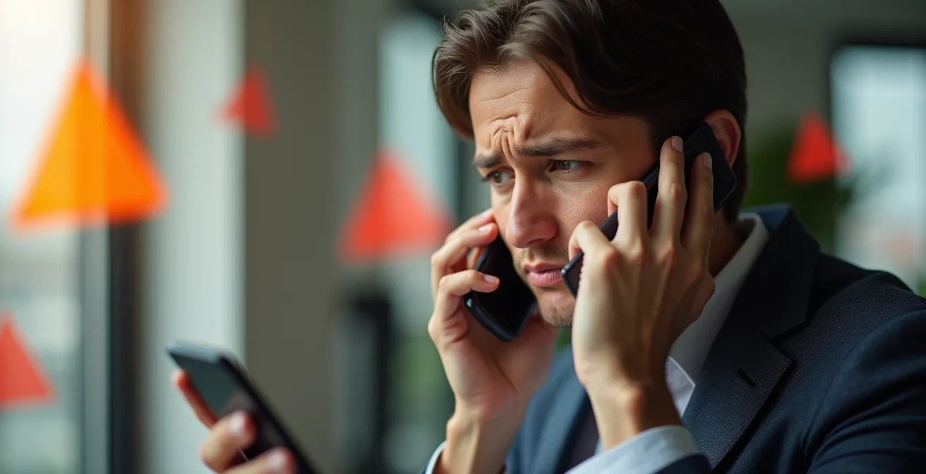 Geschäftsperson am Telefon mit abstrakten Warnsymbolen