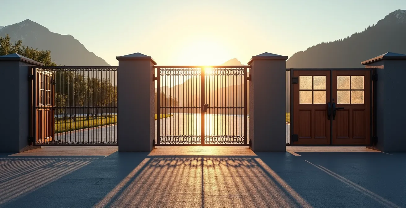 Vergleichsdarstellung verschiedener Sicherheitstore mit unterschiedlichen Widerstandsklassen, die Ästhetik und Schutz verbinden.