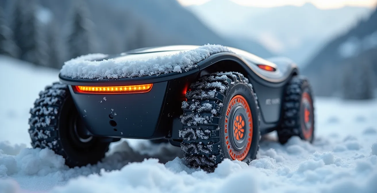 Robuster Sicherheitsroboter navigiert durch verschneites Schweizer Industriegelände