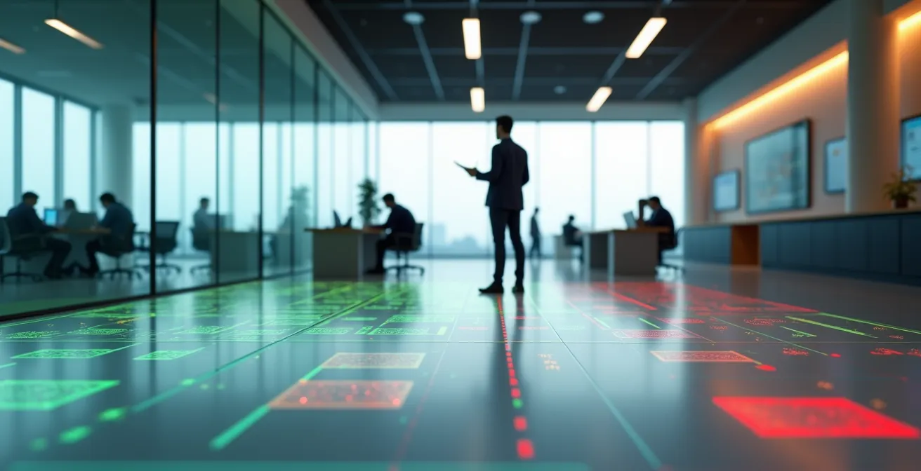 Schrittweise Zero-Trust-Implementierung nach dem Gotthard-Basistunnel-Prinzip visualisiert durch Zonen unterschiedlicher Sicherheitsstufen in einem modernen Schweizer Büro.