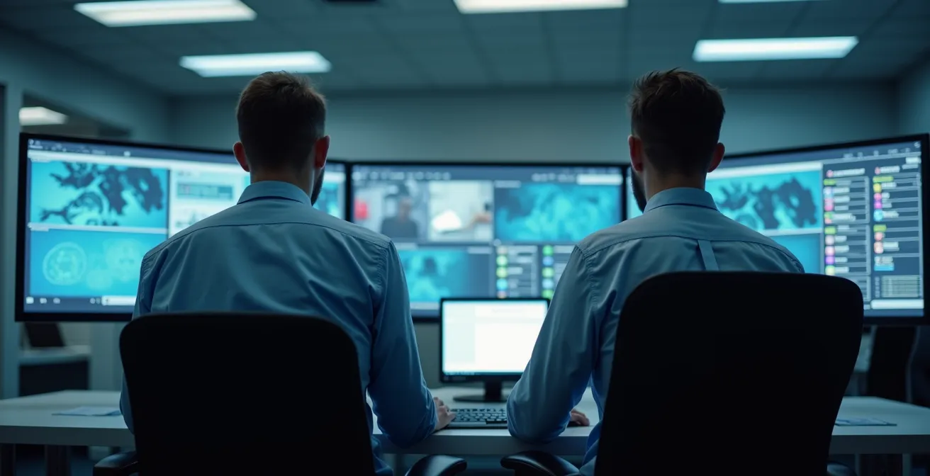 Professionelle Sicherheitsleitstelle mit mehreren Überwachungsmonitoren
