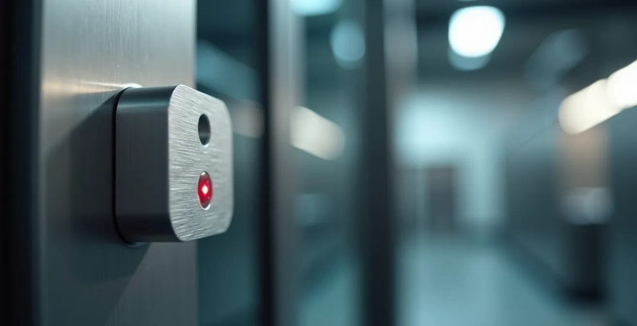 Mehrschichtiges Sicherheitskonzept auf einem Schweizer Firmengelände mit verschiedenen Schutzzonen und einem Zutrittskontrollleser im Fokus.